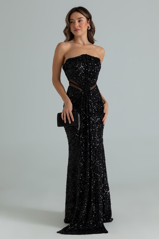 Straplez Bel Transparan Abiye - SİYAH