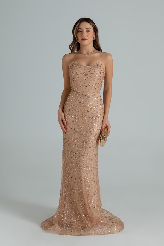 Straplez Boncuk İşlemeli Abiye - GOLD