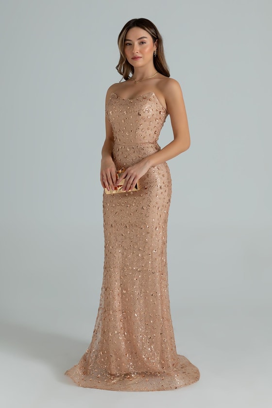 Straplez Boncuk İşlemeli Abiye - GOLD