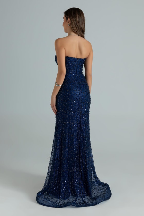 Straplez Boncuk İşlemeli Abiye - LACİVERT