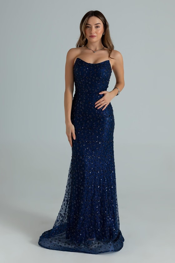 Straplez Boncuk İşlemeli Abiye - LACİVERT