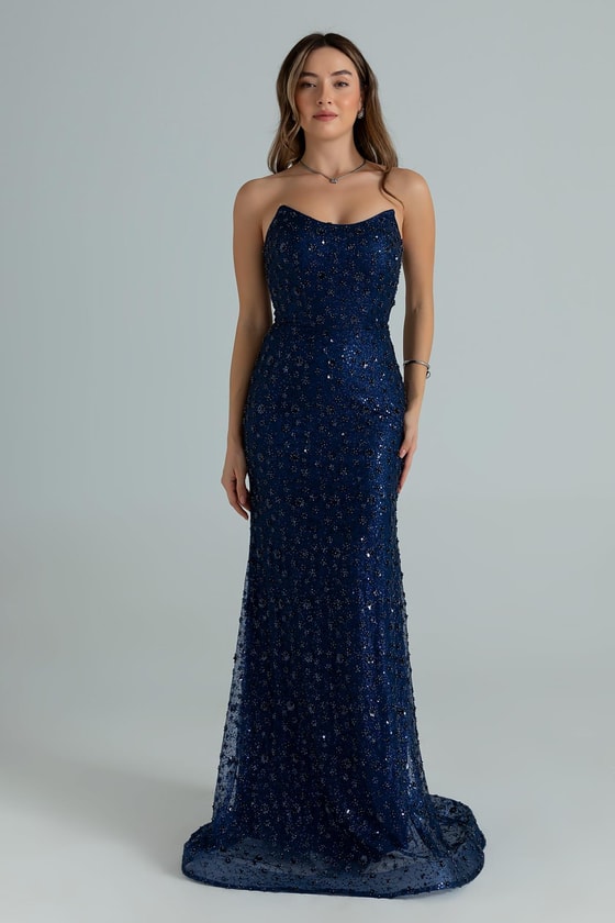 Straplez Boncuk İşlemeli Abiye - LACİVERT