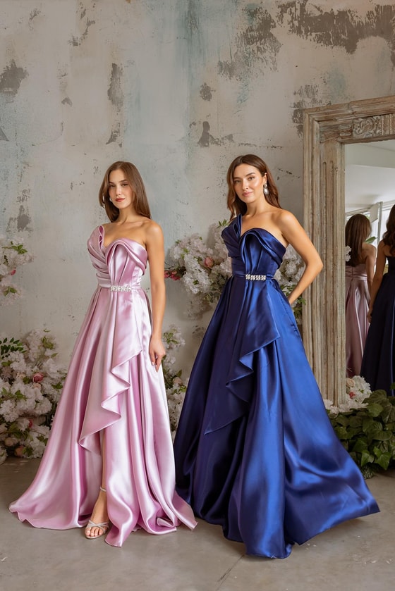 Straplez Drapeli Saten Abiye - PEMBE