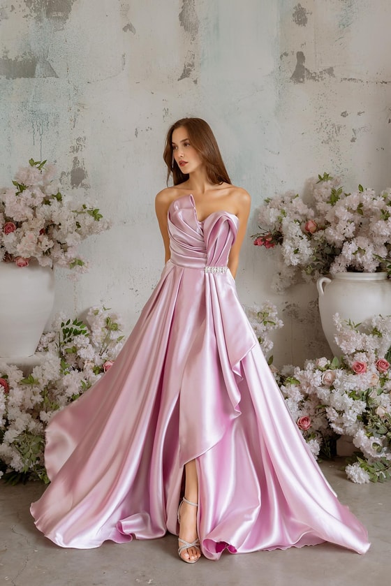 Straplez Drapeli Saten Abiye - PEMBE