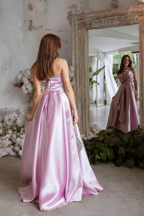 Straplez Drapeli Saten Abiye - PEMBE