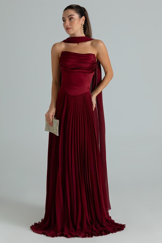 Straplez Fularlı Piliseli Abiye - BORDO