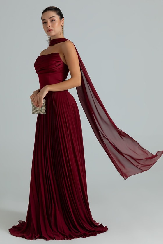 Straplez Fularlı Piliseli Abiye - BORDO