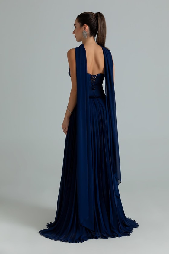 Straplez Fularlı Piliseli Abiye - LACİVERT