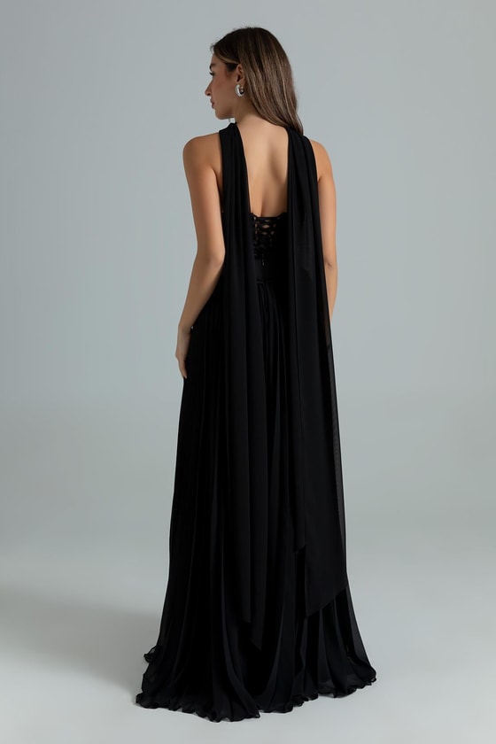 Straplez Fularlı Piliseli Abiye - SİYAH