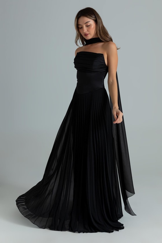 Straplez Fularlı Piliseli Abiye - SİYAH