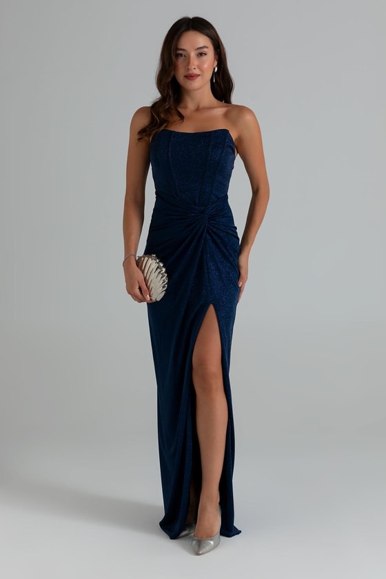 Straplez Göğüs Balenli Abiye - LACİVERT