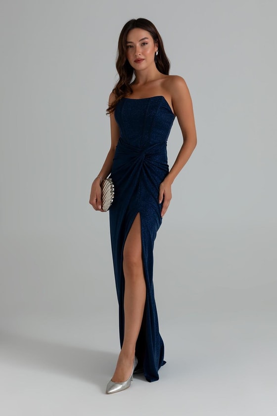 Straplez Göğüs Balenli Abiye - LACİVERT