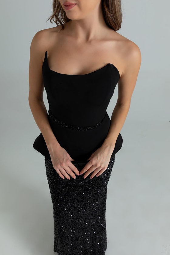 Straplez Payetli Balık Abiye - SİYAH