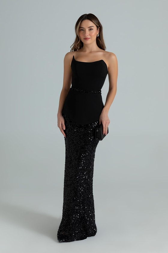 Straplez Payetli Balık Abiye - SİYAH