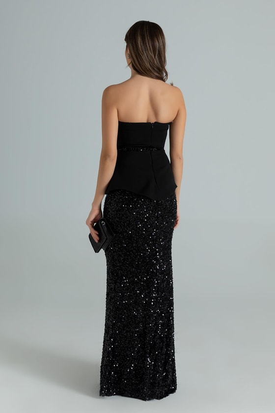 Straplez Payetli Balık Abiye - SİYAH