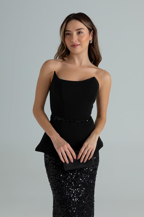 Straplez Payetli Balık Abiye - SİYAH