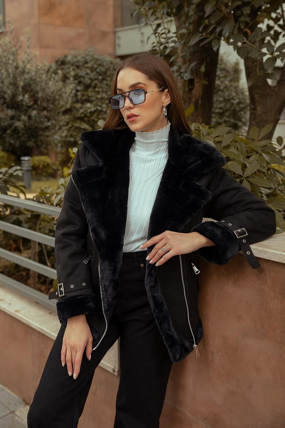 Suni Kürklü Süet Mont - SİYAH