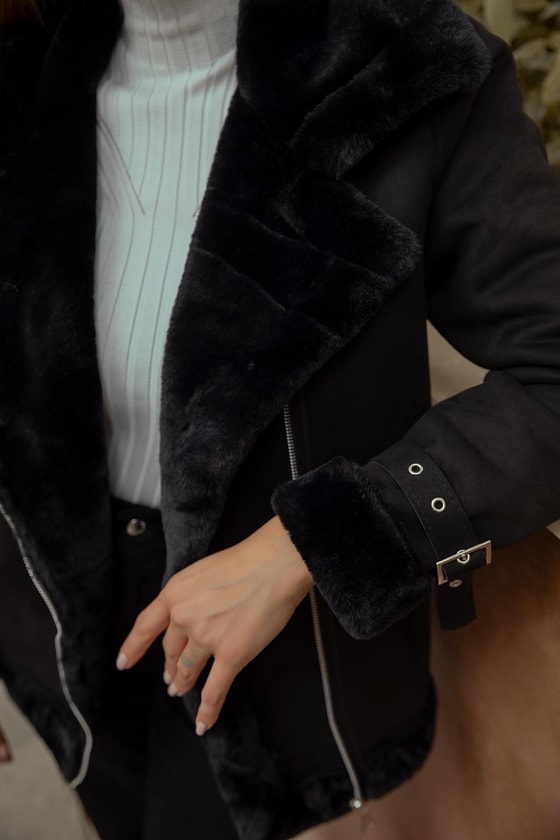 Suni Kürklü Süet Mont - SİYAH