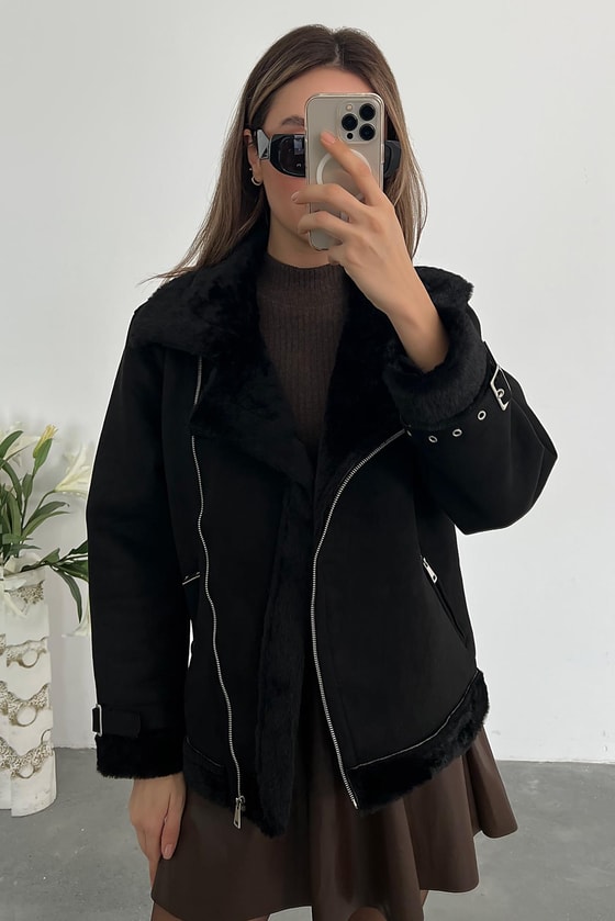 Suni Kürklü Süet Mont - SİYAH