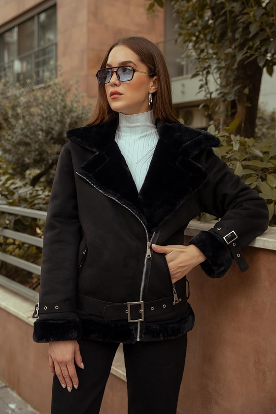 Suni Kürklü Süet Mont - SİYAH