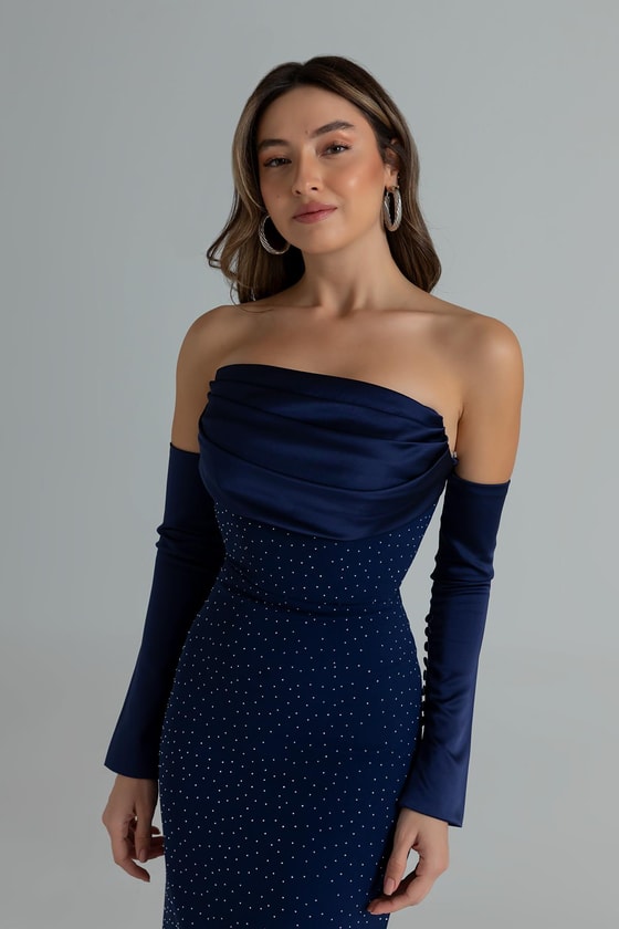 Taş Baskılı Abiye - LACİVERT