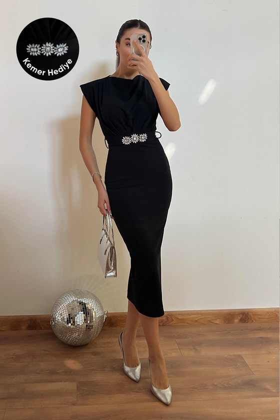 Taş Kemerli Kalem Elbise - SİYAH