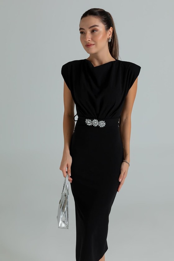 Taş Kemerli Kalem Elbise - SİYAH