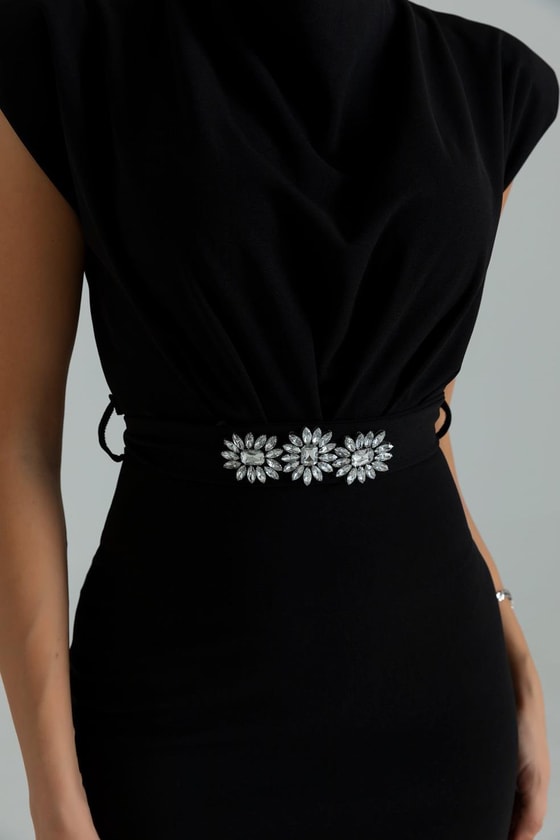 Taş Kemerli Kalem Elbise - SİYAH