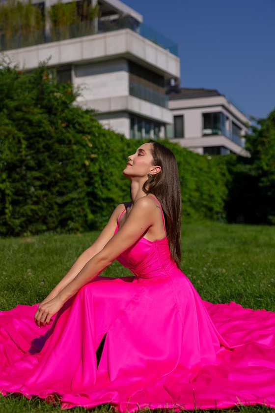 Taş Tokalı Saten Abiye - PEMBE