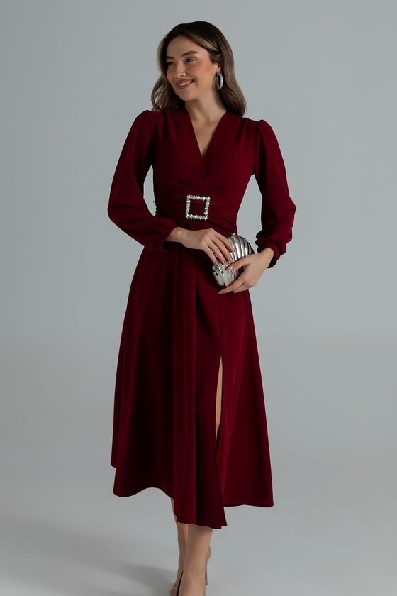 Taş Tokalı Yırtmaçlı Midi Elbise - BORDO