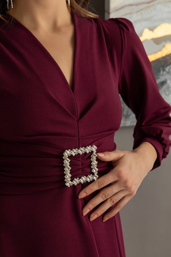 Taş Tokalı Yırtmaçlı Midi Elbise - MÜRDÜM