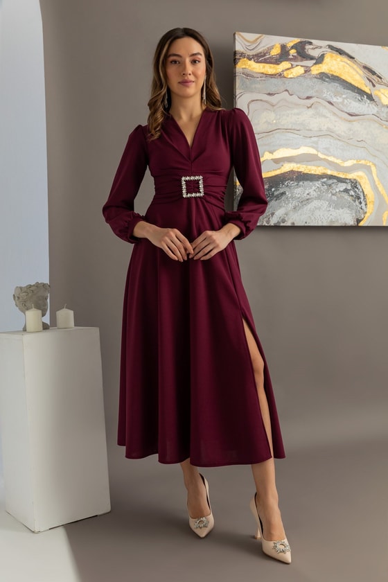 Taş Tokalı Yırtmaçlı Midi Elbise - MÜRDÜM