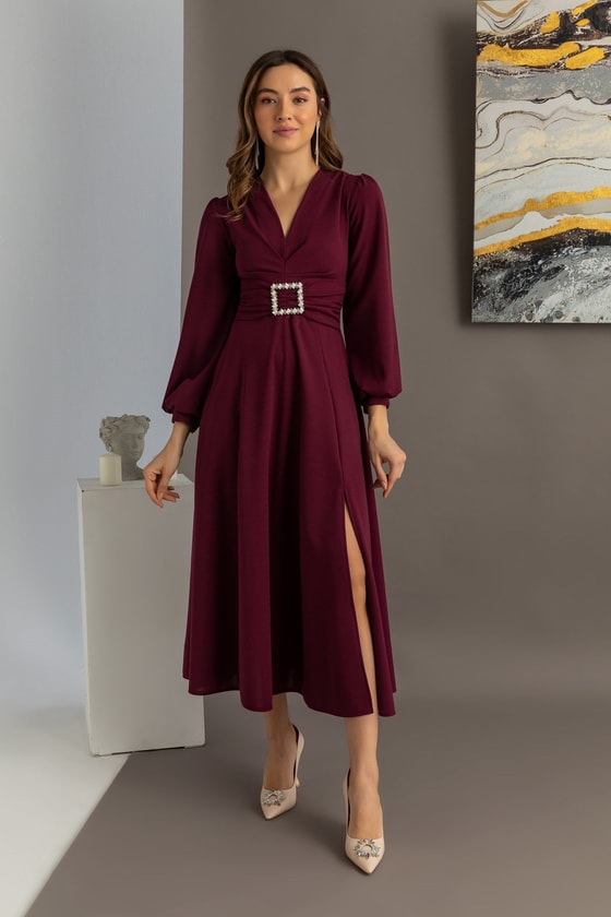 Taş Tokalı Yırtmaçlı Midi Elbise - MÜRDÜM