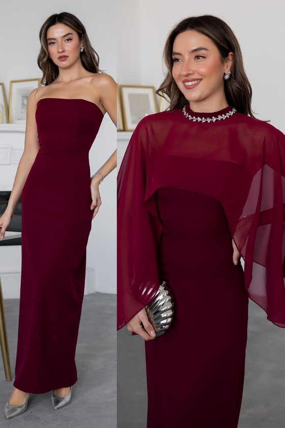 Taş Yaka Pelerinli Elbise - BORDO