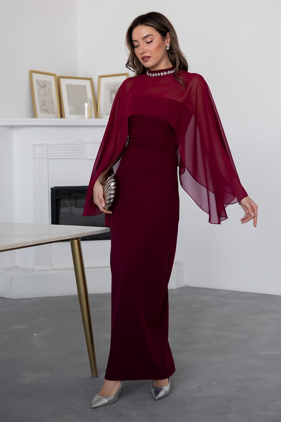 Taş Yaka Pelerinli Elbise - BORDO