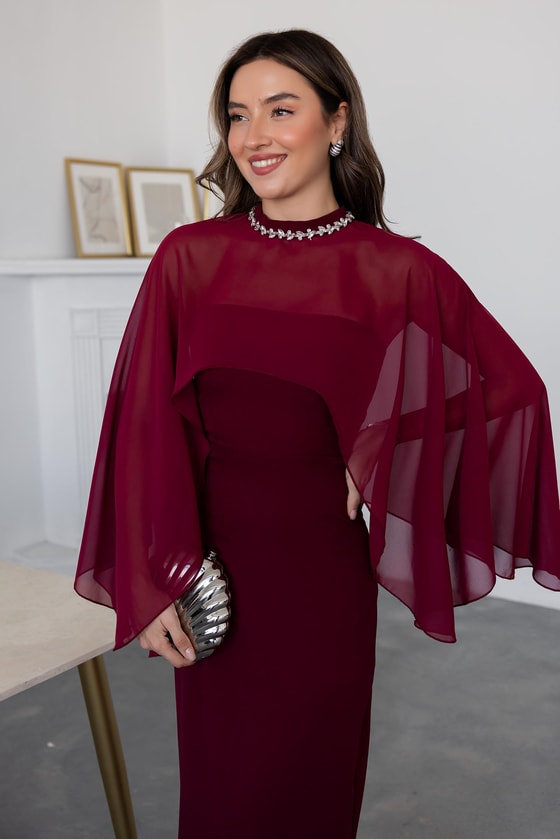 Taş Yaka Pelerinli Elbise - BORDO