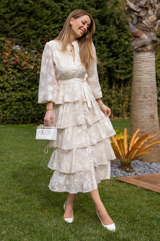 Tasarım Etek Kat Elbise - KREM