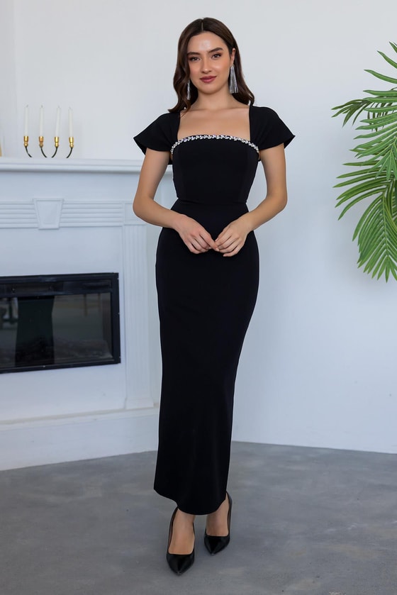 Taşlı Kalem Elbise - SİYAH