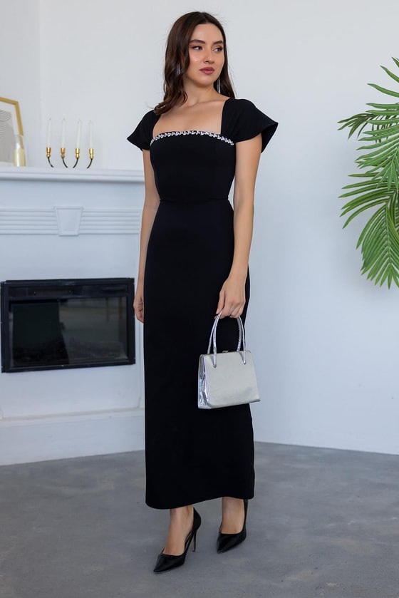 Taşlı Kalem Elbise - SİYAH