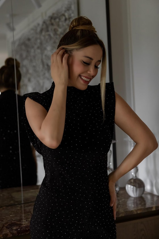 Taşlı Mini Elbise - SİYAH