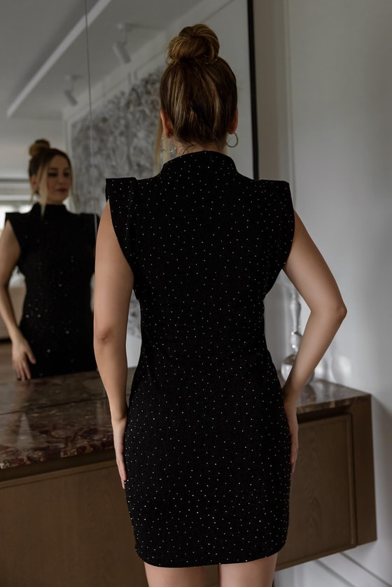 Taşlı Mini Elbise - SİYAH