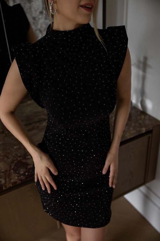 Taşlı Mini Elbise - SİYAH