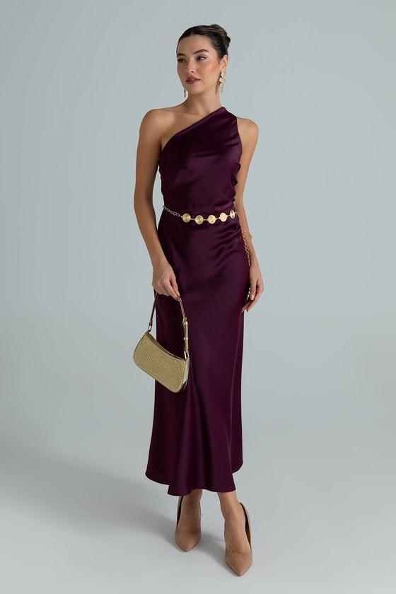Tek Omuz Saten Maxi Elbise - MOR