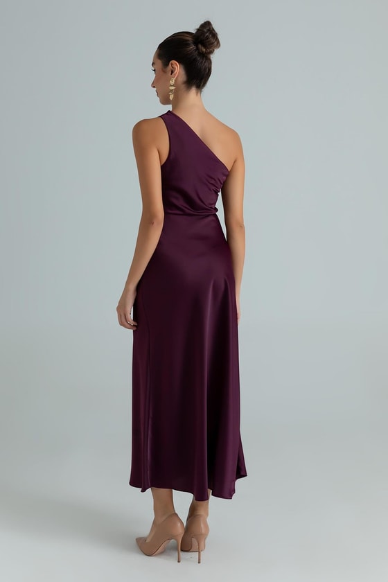 Tek Omuz Saten Maxi Elbise - MOR