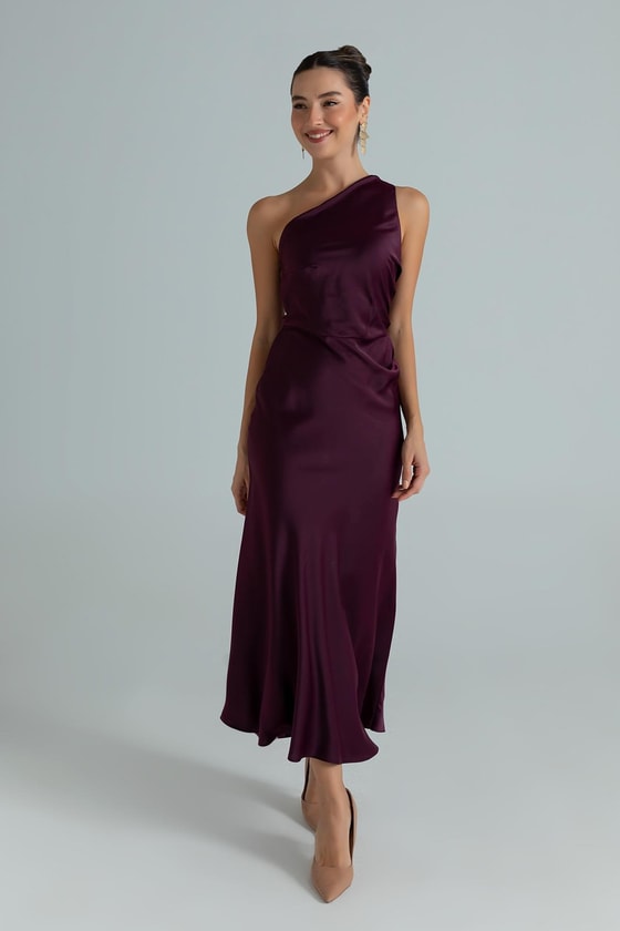 Tek Omuz Saten Maxi Elbise - MOR