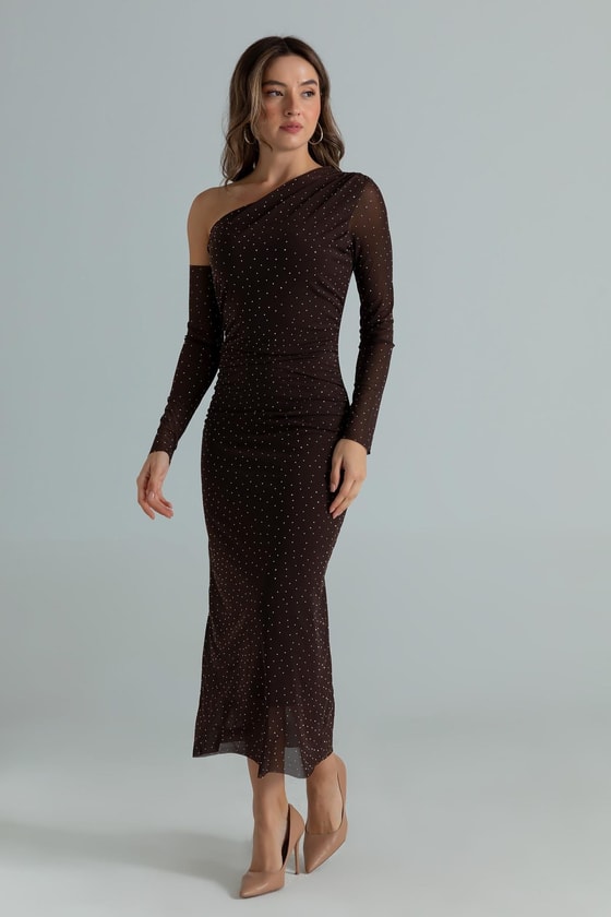 Tek Omuz Taşlı Elbise - KAHVERENGİ