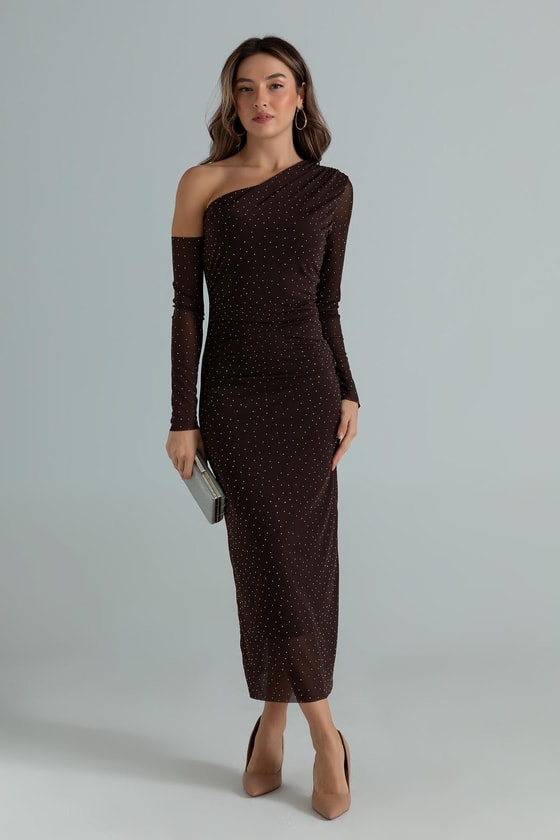 Tek Omuz Taşlı Elbise - KAHVERENGİ