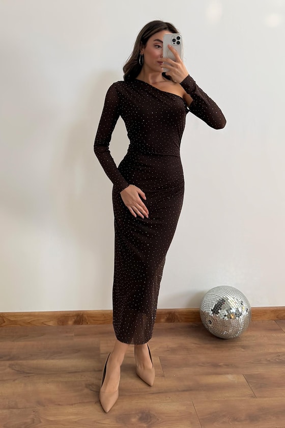 Tek Omuz Taşlı Elbise - KAHVERENGİ