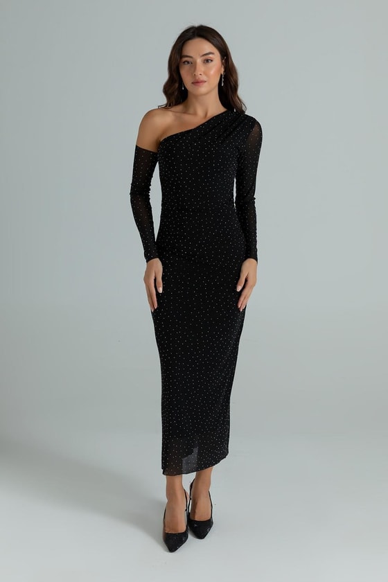 Tek Omuz Taşlı Elbise - SİYAH