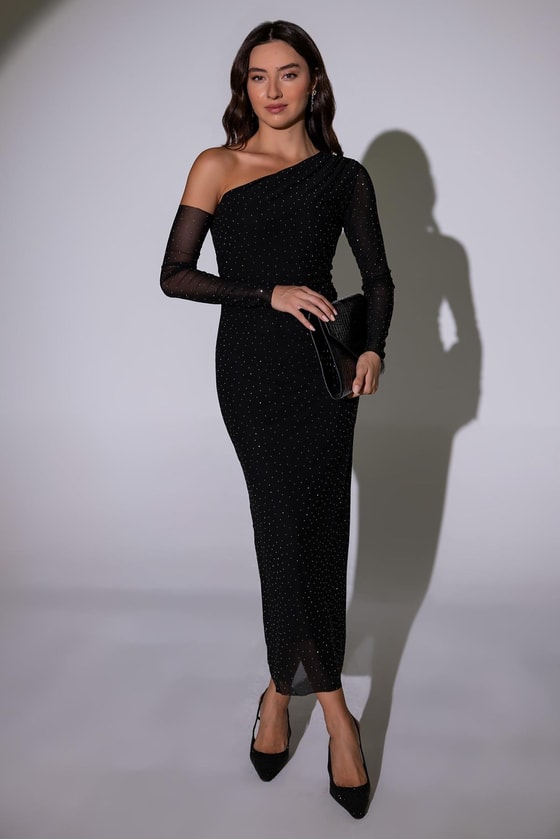 Tek Omuz Taşlı Elbise - SİYAH